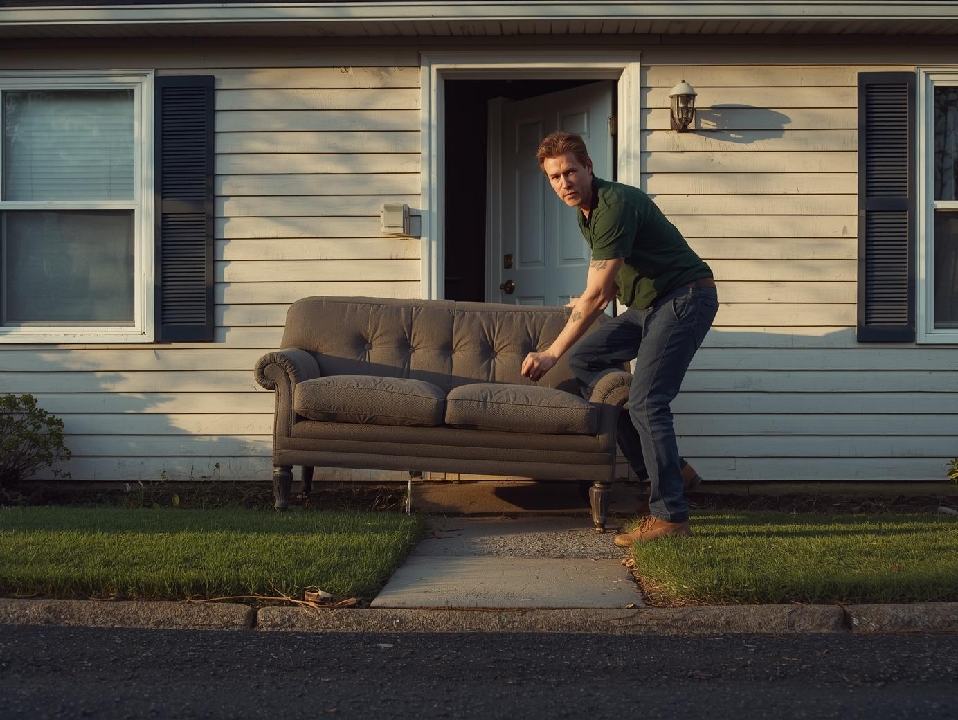 a man moves a couch into the street