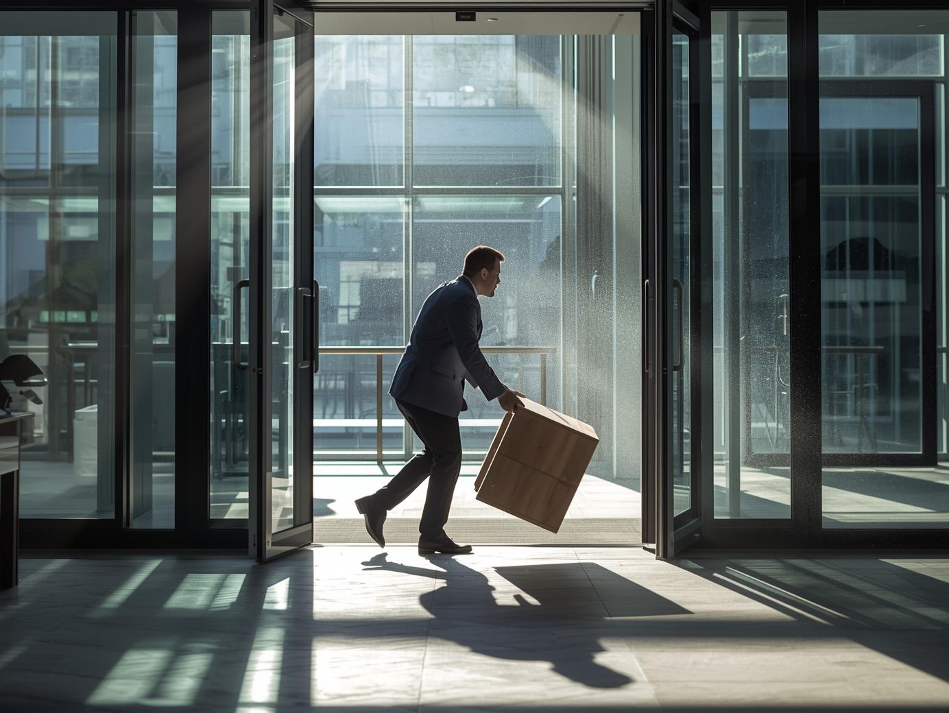 a man in a suit moves junk out of the office building.
